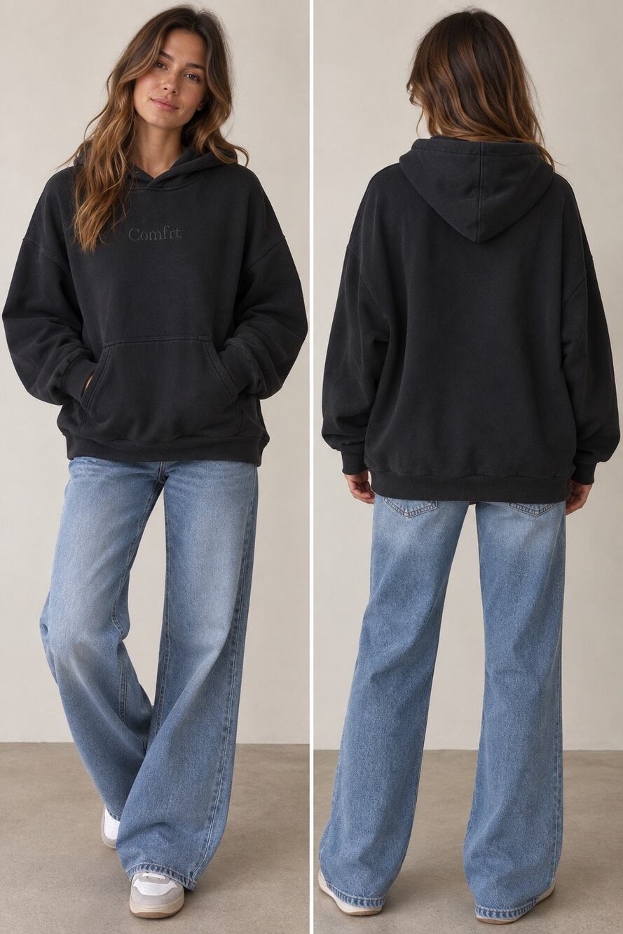 COMFRT Signature Black Oversized Hoodie Pockets Size Large Atleisure Trendy